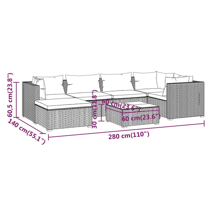 7-tlg. Garten-Lounge-Set mit Kissen Poly Rattan Schwarz