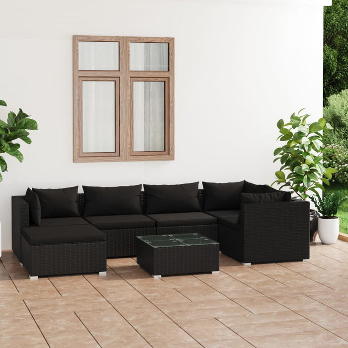 7-tlg. Garten-Lounge-Set mit Kissen Poly Rattan Schwarz