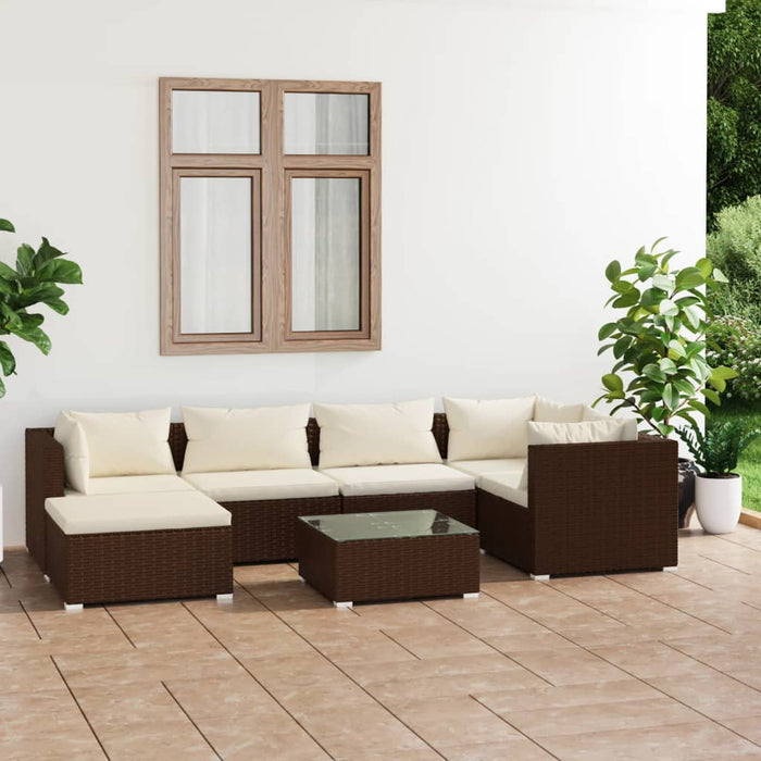 7-tlg. Garten-Lounge-Set mit Kissen Poly Rattan Braun