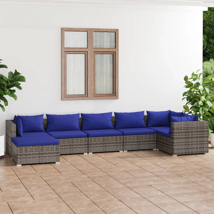 7-tlg. Garten-Lounge-Set mit Kissen Poly Rattan Grau