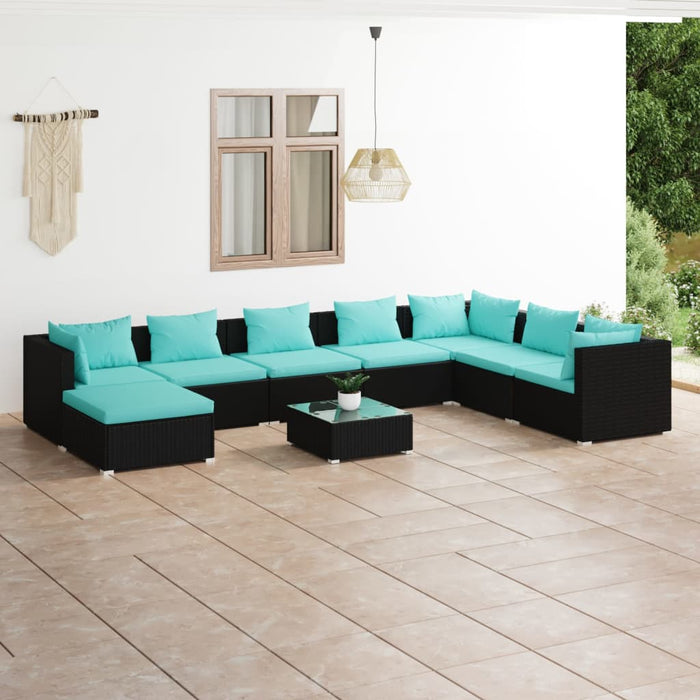 9-tlg. Garten-Lounge-Set mit Kissen Poly Rattan Schwarz