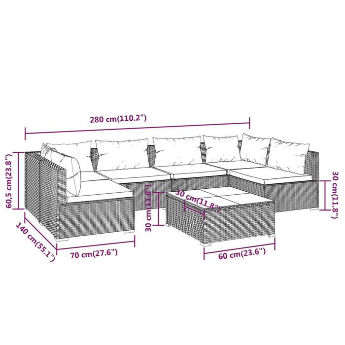 7 pcs. Garden lounge set with cushions poly rattan black