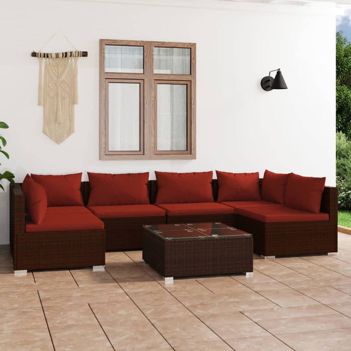 7-tlg. Garten-Lounge-Set mit Kissen Poly Rattan Braun