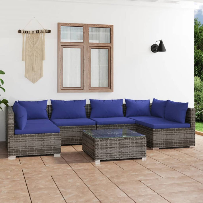7-tlg. Garten-Lounge-Set mit Kissen Poly Rattan Grau