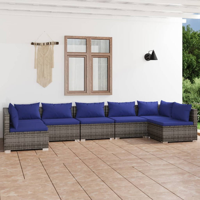 7-tlg. Garten-Lounge-Set mit Kissen Poly Rattan Grau
