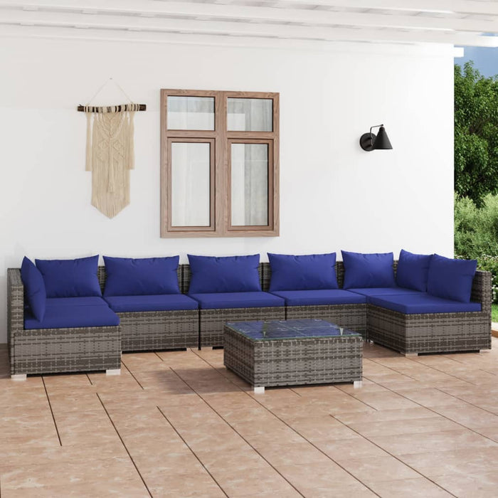 8-tlg. Garten-Lounge-Set mit Kissen Poly Rattan Grau