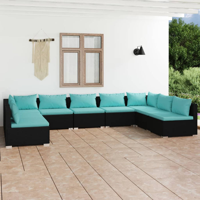 9-tlg. Garten-Lounge-Set mit Kissen Poly Rattan Schwarz