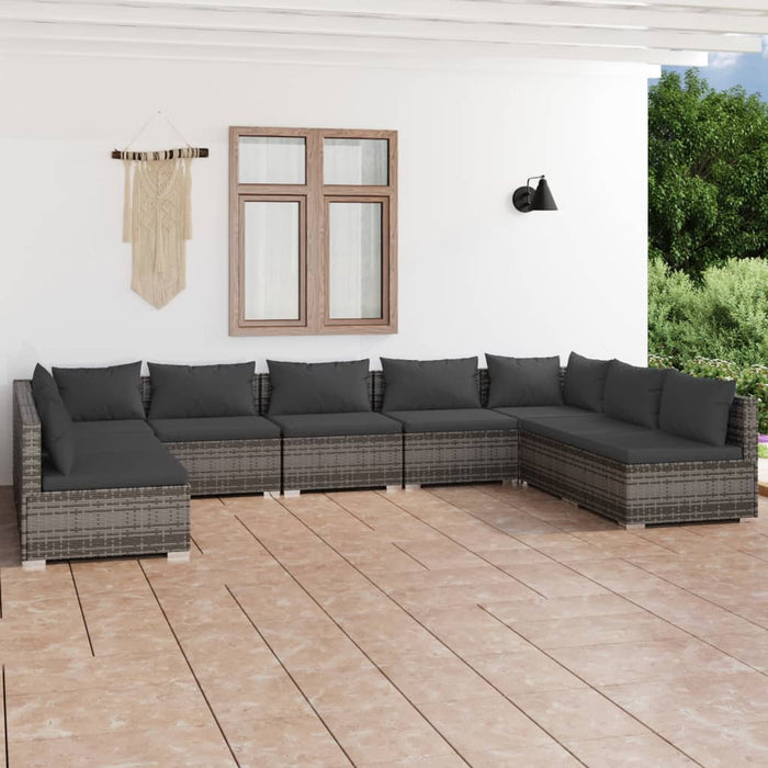 9-tlg. Garten-Lounge-Set mit Kissen Poly Rattan Grau