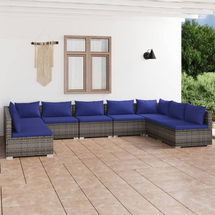9-tlg. Garten-Lounge-Set mit Kissen Poly Rattan Grau