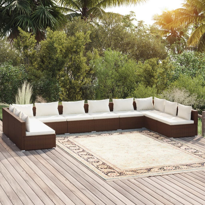 10-tlg. Garten-Lounge-Set mit Kissen Poly Rattan Braun