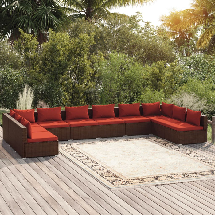 10-tlg. Garten-Lounge-Set mit Kissen Poly Rattan Braun