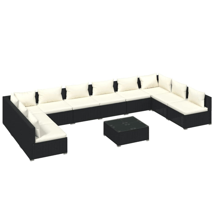 11-tlg. Garten-Lounge-Set mit Kissen Poly Rattan Schwarz