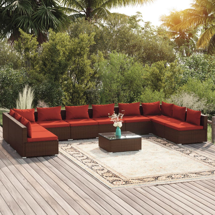 11-tlg. Garten-Lounge-Set mit Kissen Poly Rattan Braun