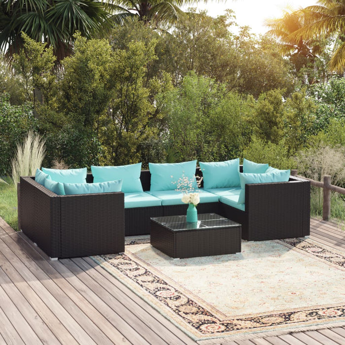 7-tlg. Garten-Lounge-Set mit Kissen Poly Rattan Schwarz