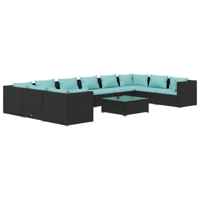 11-tlg. Garten-Lounge-Set mit Kissen Poly Rattan Schwarz