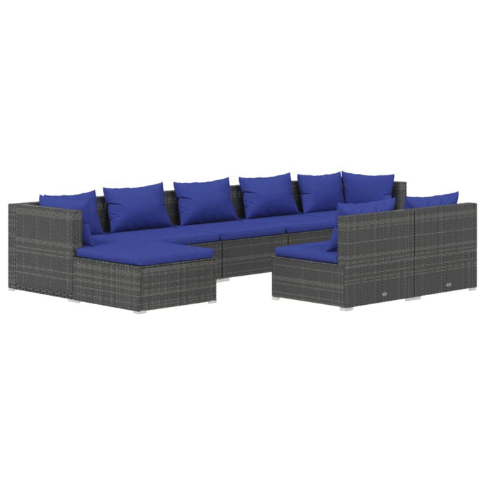 9-tlg. Garten-Lounge-Set mit Kissen Grau Poly Rattan