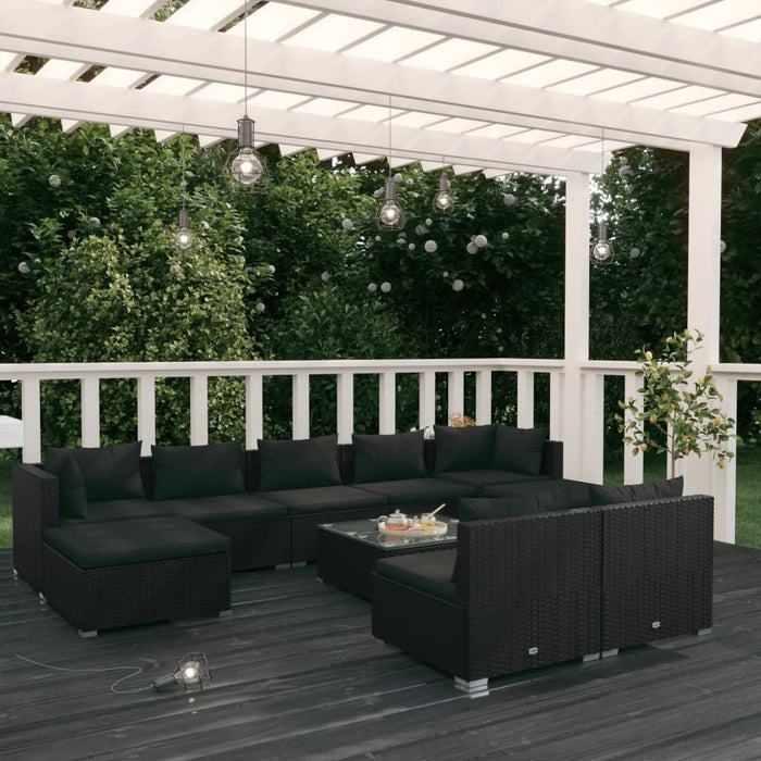 10-tlg. Garten-Lounge-Set mit Kissen Schwarz Poly Rattan