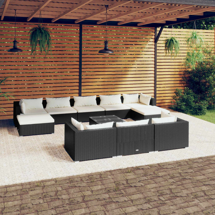 11-tlg. Garten-Lounge-Set mit Kissen Schwarz Poly Rattan
