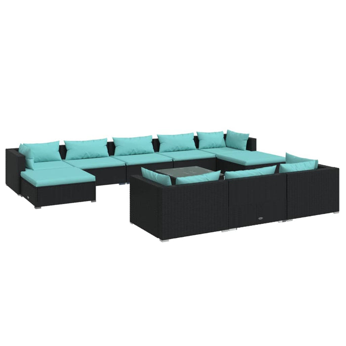 11-tlg. Garten-Lounge-Set mit Kissen Schwarz Poly Rattan
