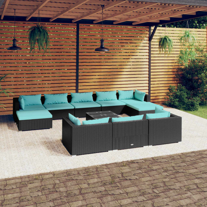 11-tlg. Garten-Lounge-Set mit Kissen Schwarz Poly Rattan