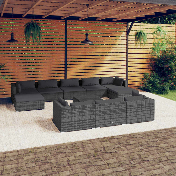 11-tlg. Garten-Lounge-Set mit Kissen Grau Poly Rattan