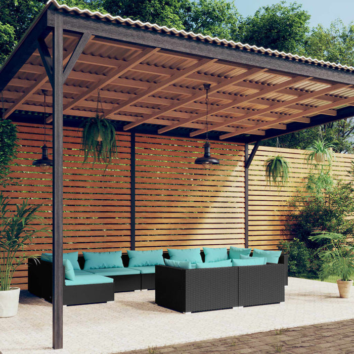 9-tlg. Garten-Lounge-Set mit Kissen Schwarz Poly Rattan