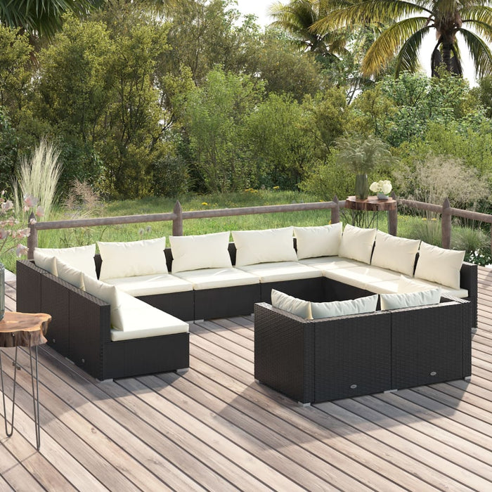 11-tlg. Garten-Lounge-Set mit Kissen Schwarz Poly Rattan