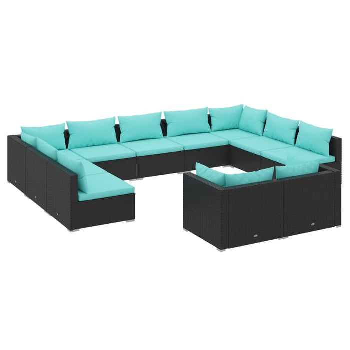 11-tlg. Garten-Lounge-Set mit Kissen Schwarz Poly Rattan