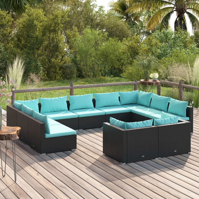 11-tlg. Garten-Lounge-Set mit Kissen Schwarz Poly Rattan