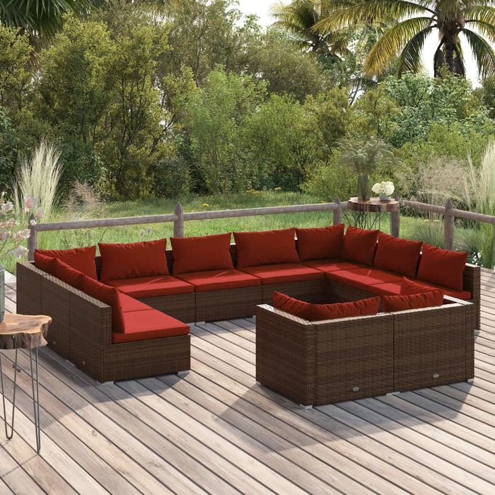 11-tlg. Garten-Lounge-Set mit Kissen Braun Poly Rattan