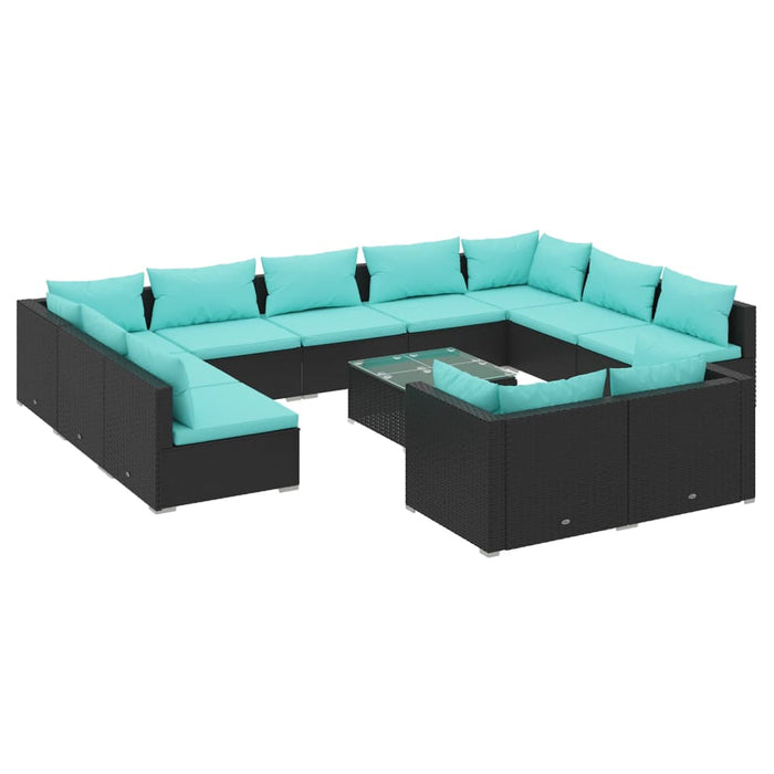 12-tlg. Garten-Lounge-Set mit Kissen Schwarz Poly Rattan