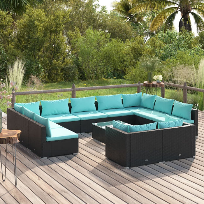 12-tlg. Garten-Lounge-Set mit Kissen Schwarz Poly Rattan