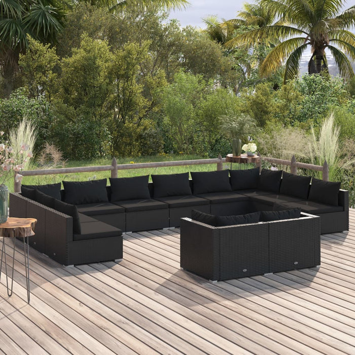 12-tlg. Garten-Lounge-Set mit Kissen Schwarz Poly Rattan