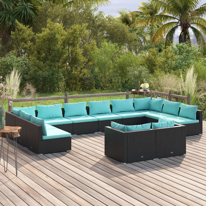 12-tlg. Garten-Lounge-Set mit Kissen Schwarz Poly Rattan