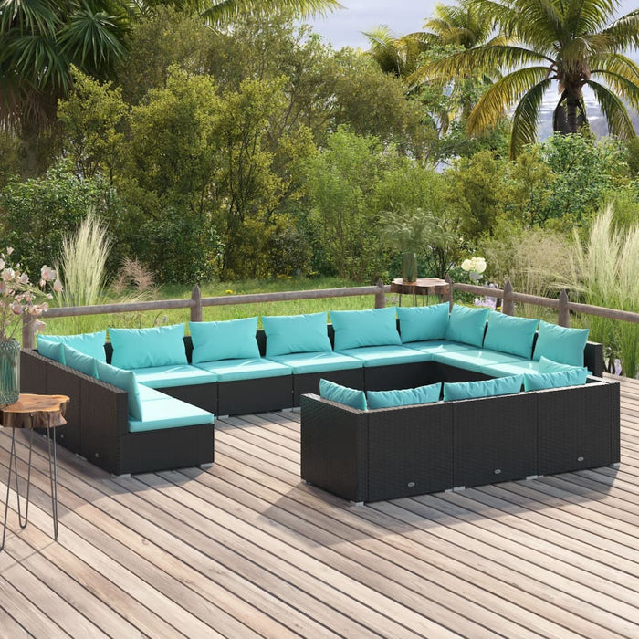 13-tlg. Garten-Lounge-Set mit Kissen Schwarz Poly Rattan