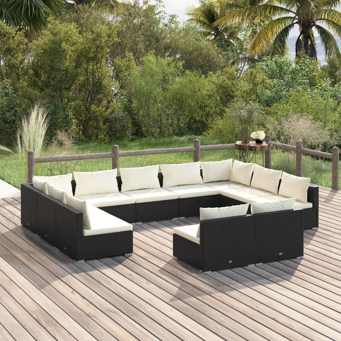 11-tlg. Garten-Lounge-Set mit Kissen Schwarz Poly Rattan