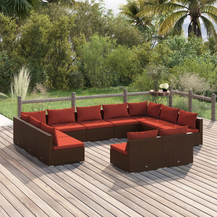 11-tlg. Garten-Lounge-Set mit Kissen Braun Poly Rattan