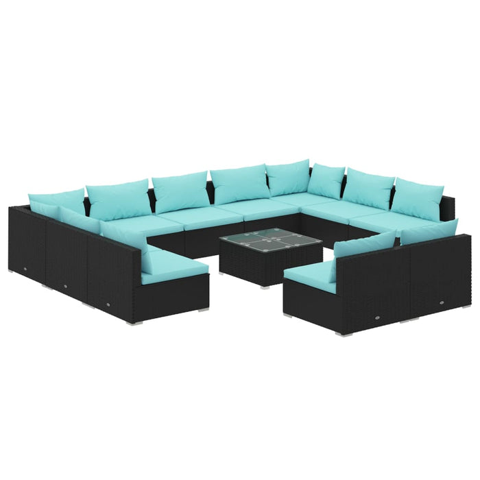 12-tlg. Garten-Lounge-Set mit Kissen Schwarz Poly Rattan