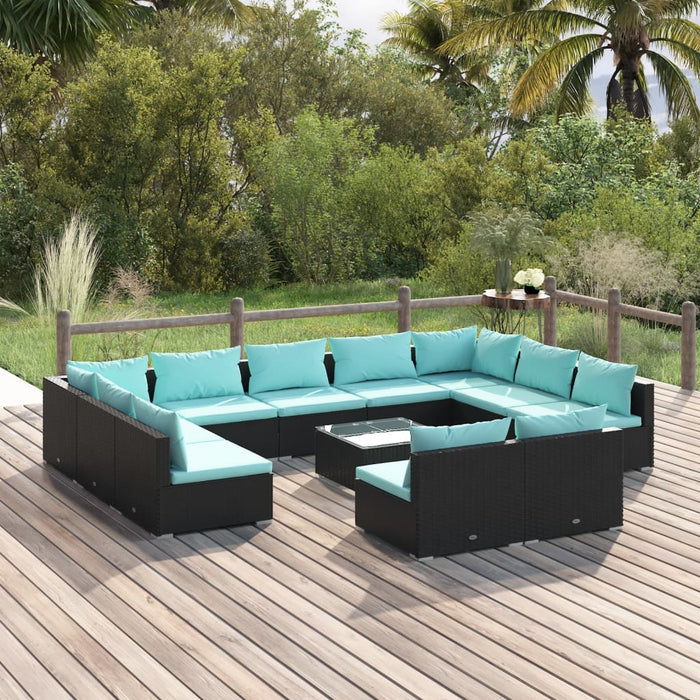 12-tlg. Garten-Lounge-Set mit Kissen Schwarz Poly Rattan
