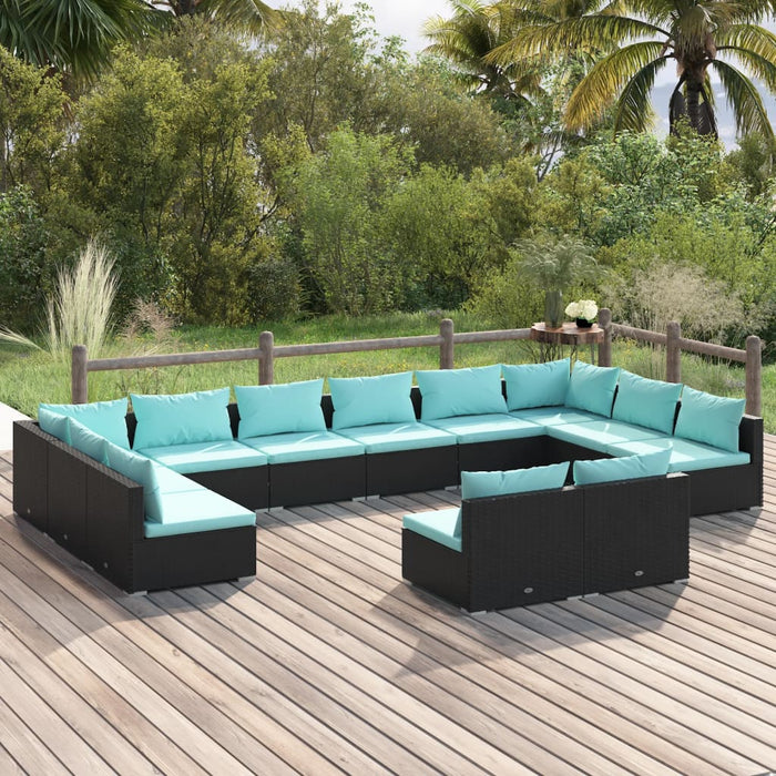 12-tlg. Garten-Lounge-Set mit Kissen Schwarz Poly Rattan