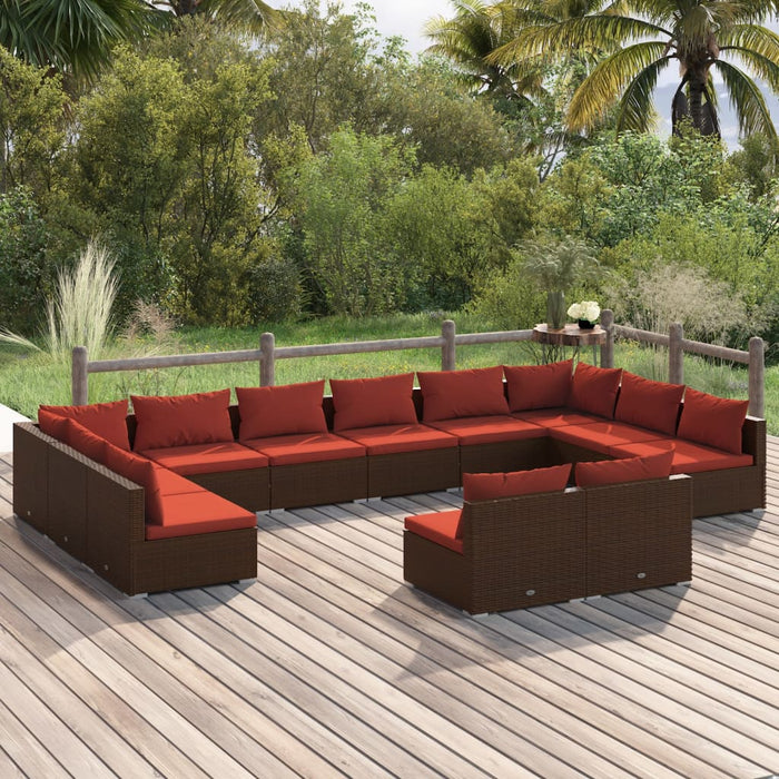 12-tlg. Garten-Lounge-Set mit Kissen Braun Poly Rattan
