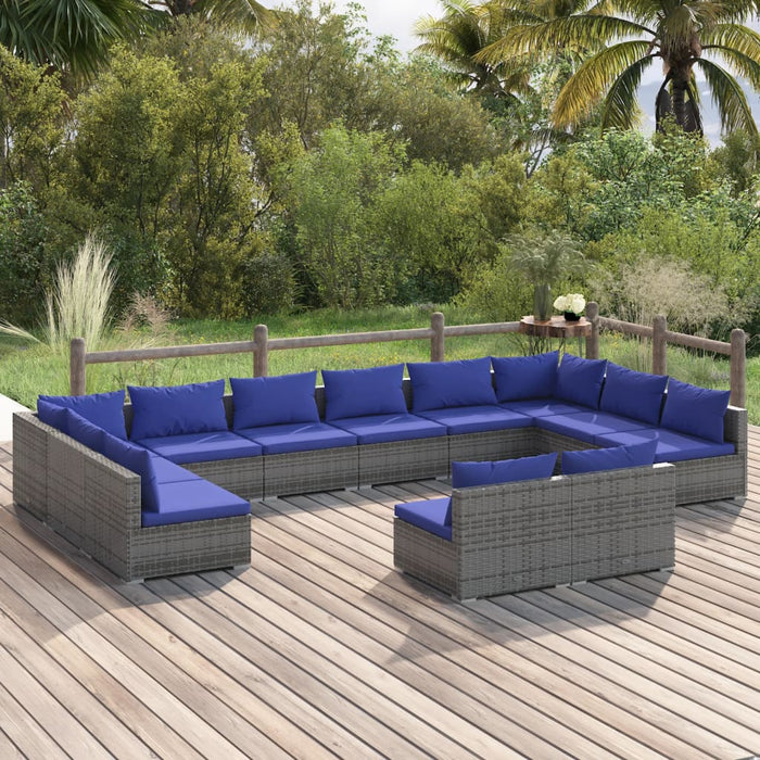 12-tlg. Garten-Lounge-Set mit Kissen Grau Poly Rattan