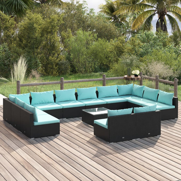 13-tlg. Garten-Lounge-Set mit Kissen Schwarz Poly Rattan