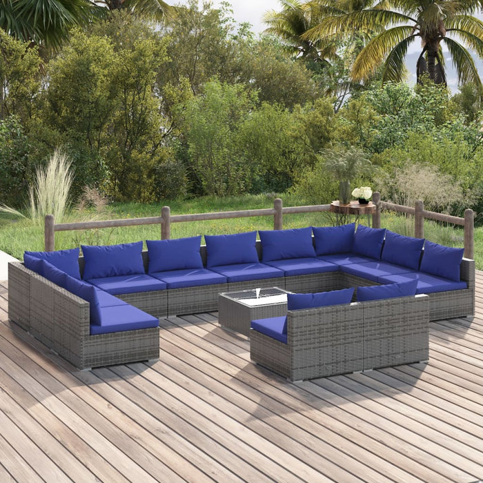 13-tlg. Garten-Lounge-Set mit Kissen Grau Poly Rattan
