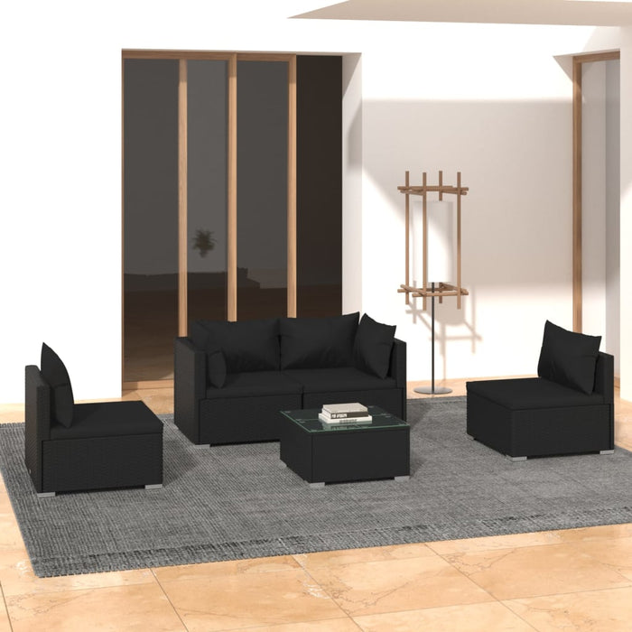 5-tlg. Garten-Lounge-Set mit Kissen Poly Rattan Schwarz