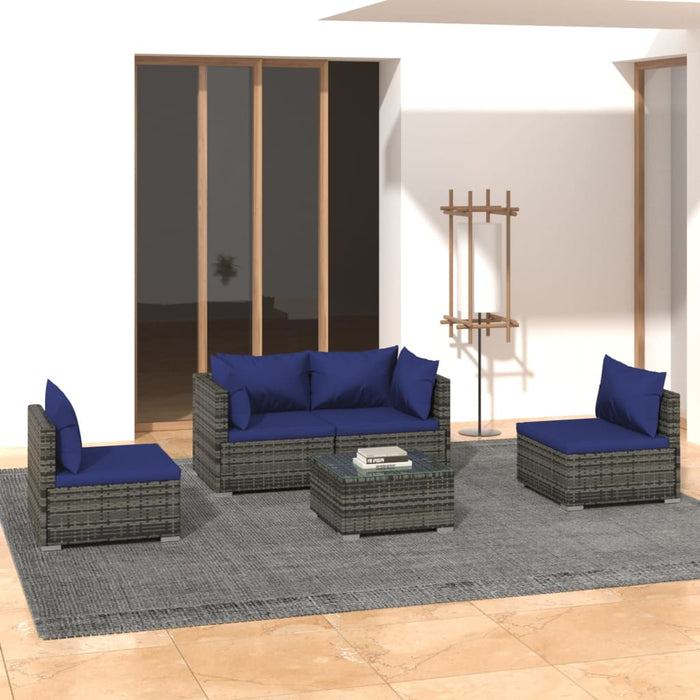 5-tlg. Garten-Lounge-Set mit Kissen Poly Rattan Grau