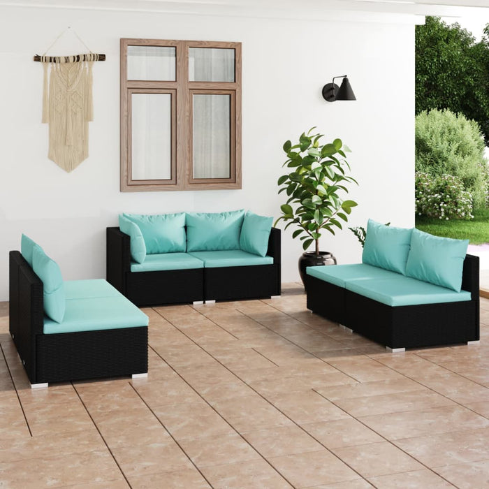 6-tlg. Garten-Lounge-Set mit Kissen Poly Rattan Schwarz