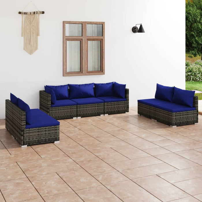 7-tlg. Garten-Lounge-Set mit Kissen Poly Rattan Grau