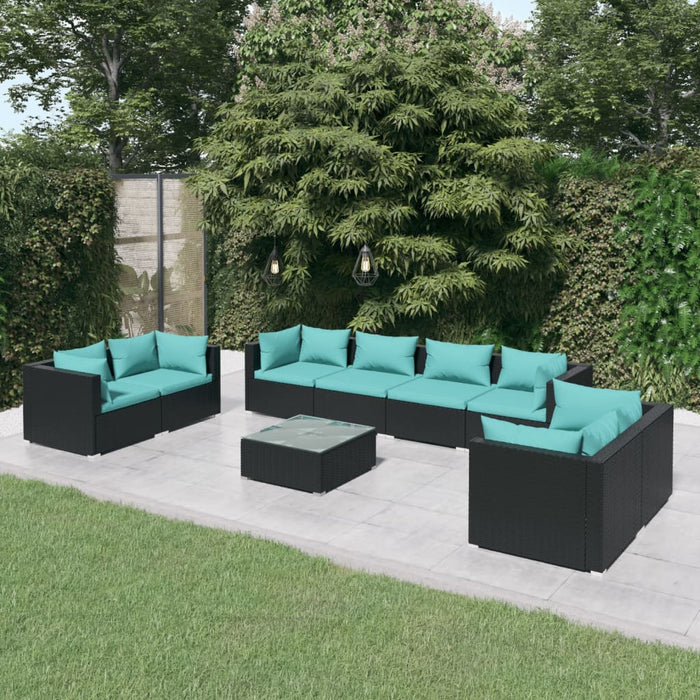 9-tlg. Garten-Lounge-Set mit Kissen Poly Rattan Schwarz