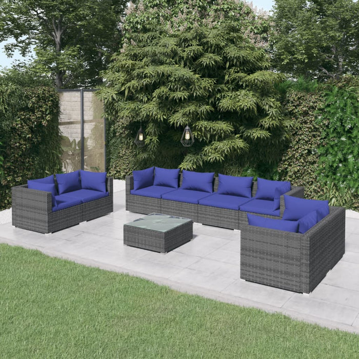 9-tlg. Garten-Lounge-Set mit Kissen Poly Rattan Grau